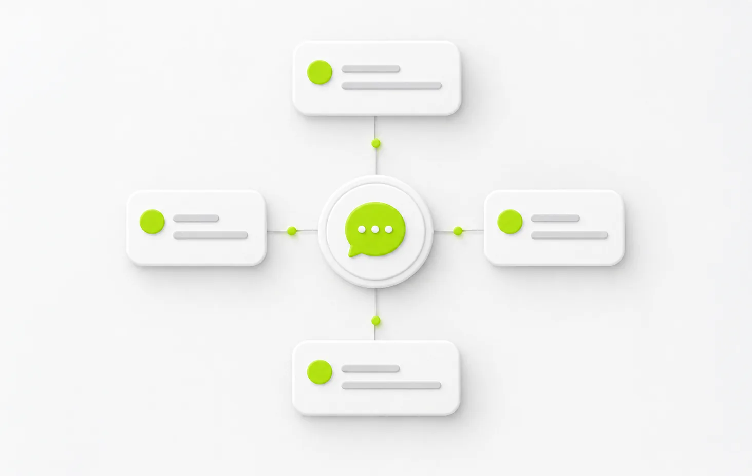 A 3D diagram of four message cards connected to a central chat bubble