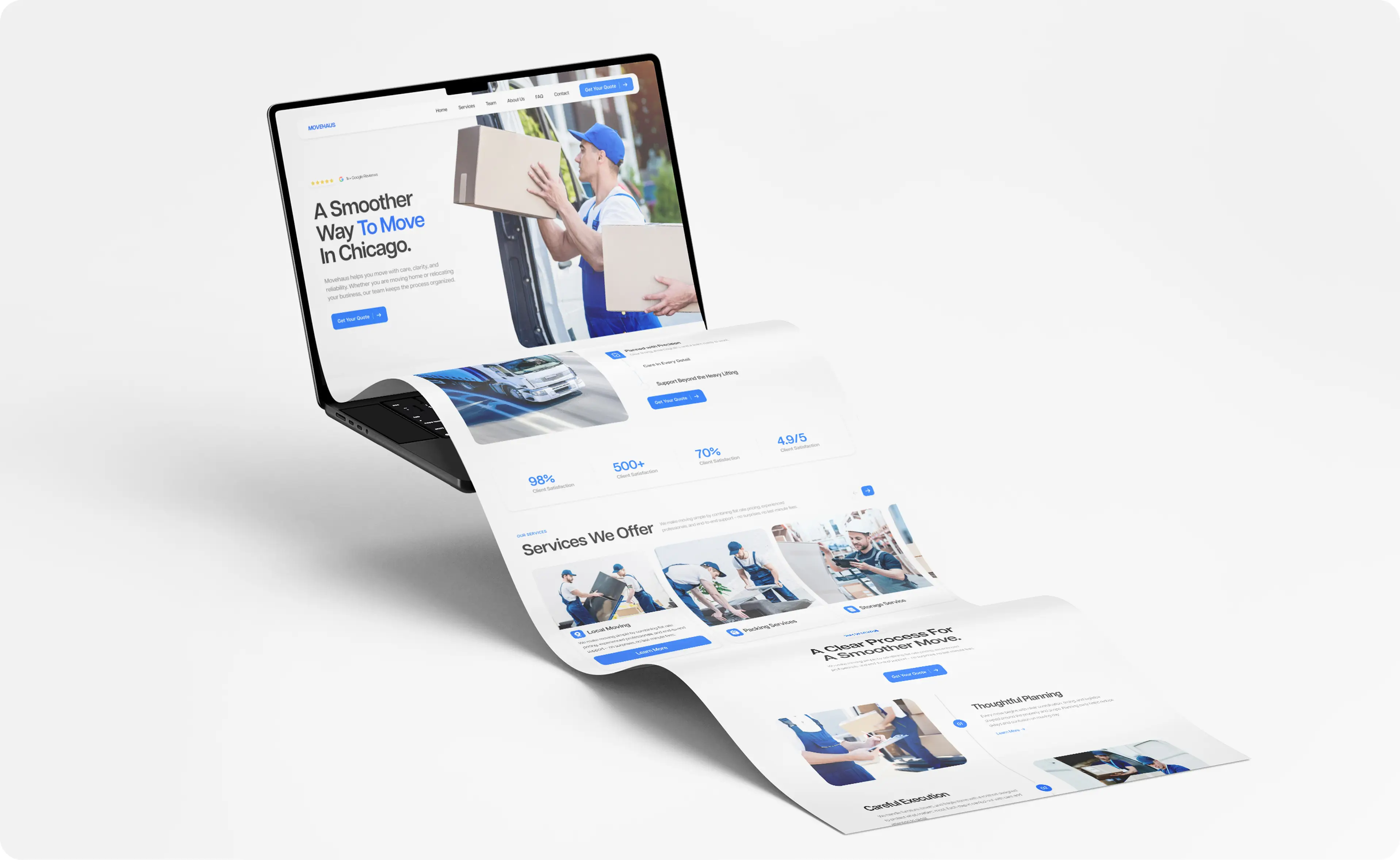 The MoveHaus website printed on a curving sheet