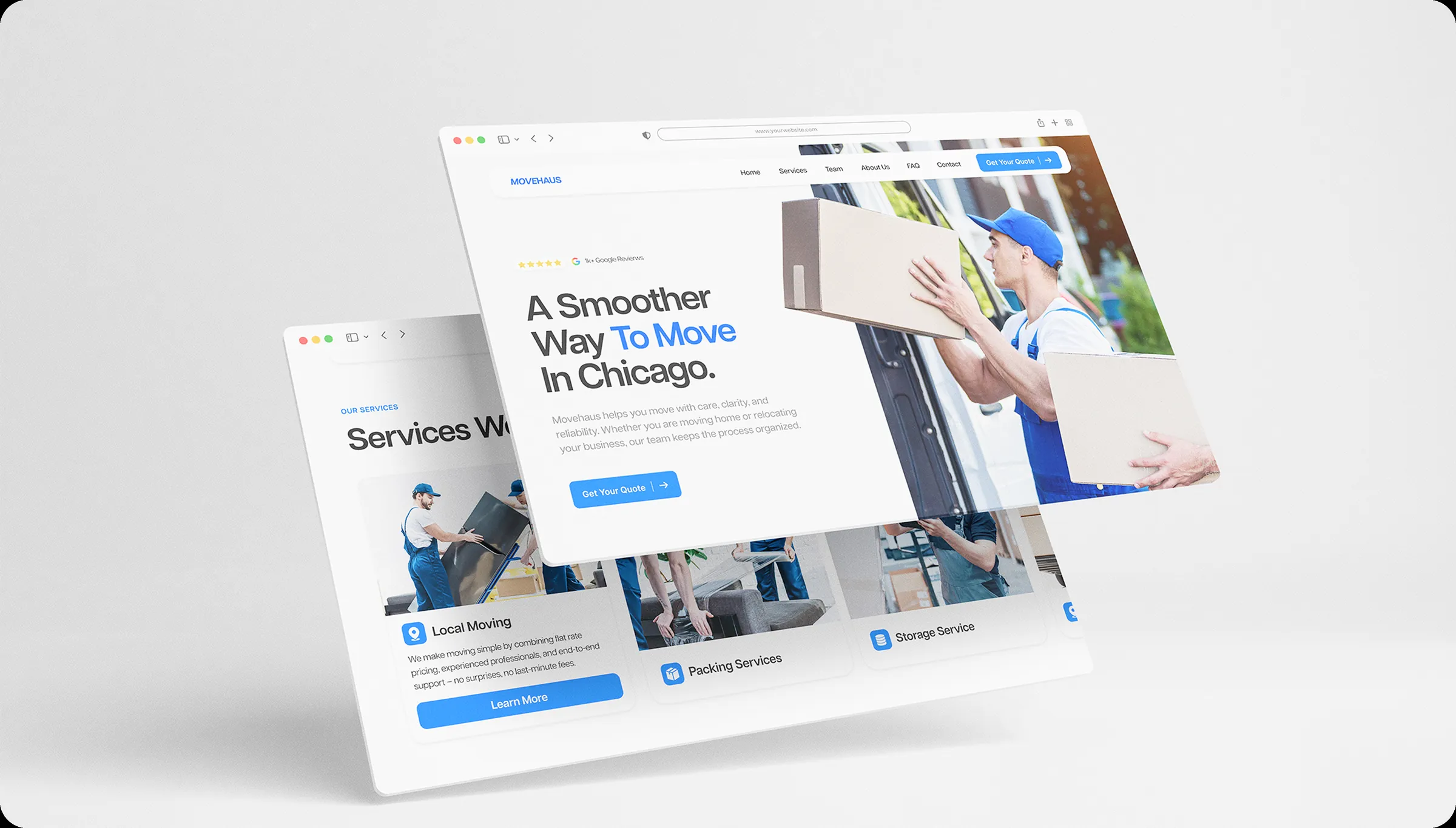 The MoveHaus website shown across several screens