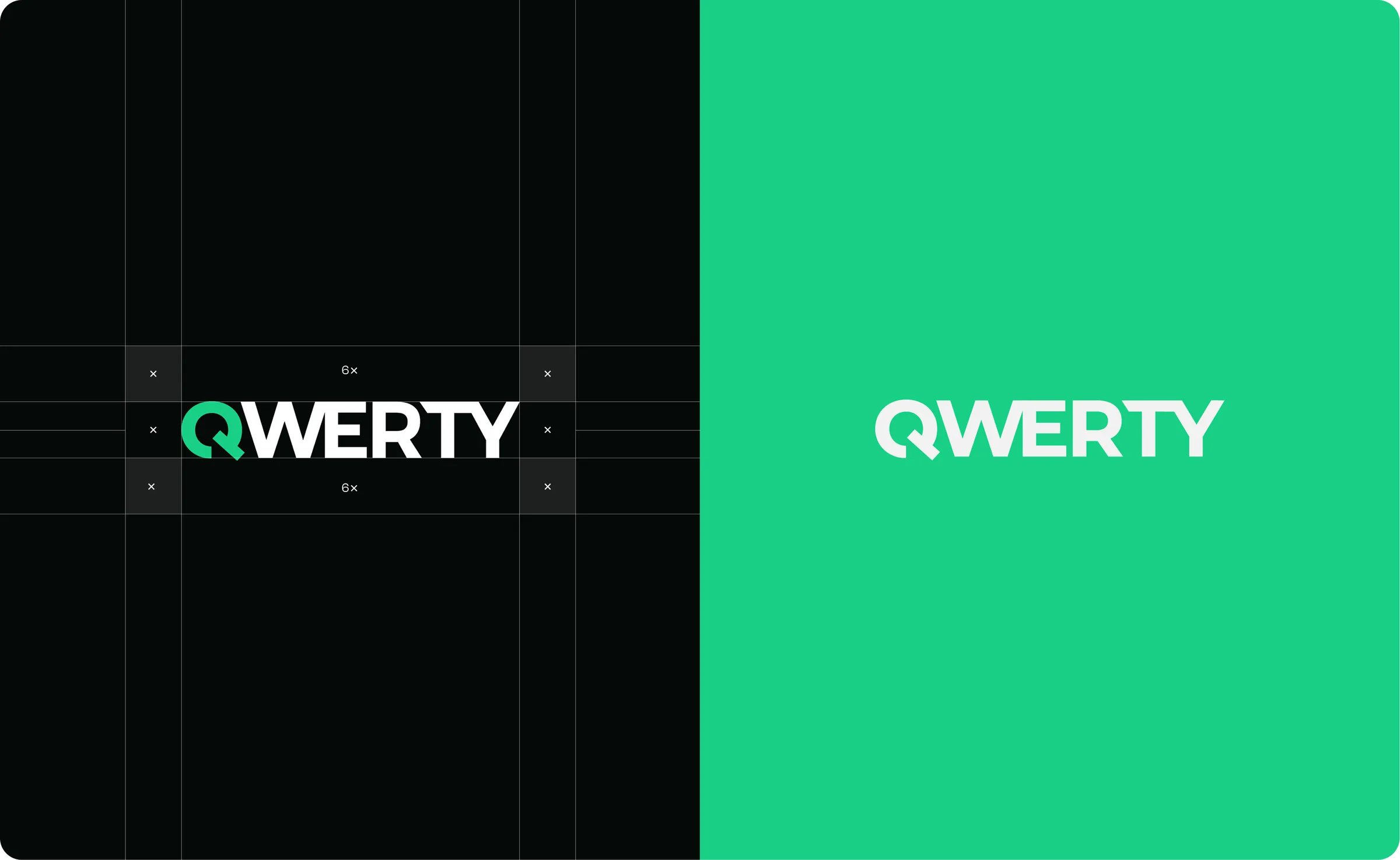 The QWERTY wordmark on its construction grid, and again reversed out of emerald green