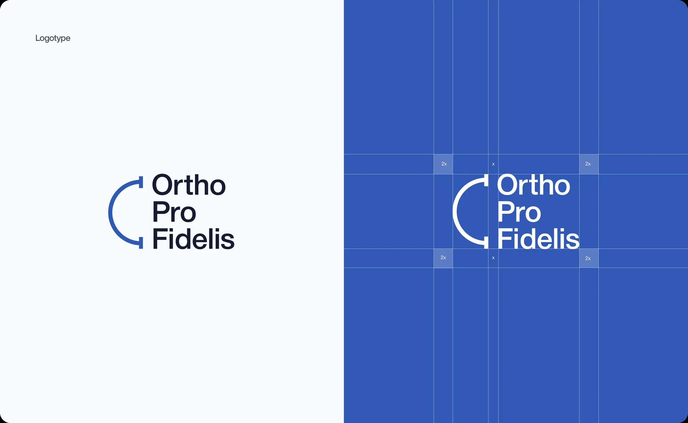 The Ortho Pro Fidelis logotype in navy, and again reversed out of blue on its spacing grid