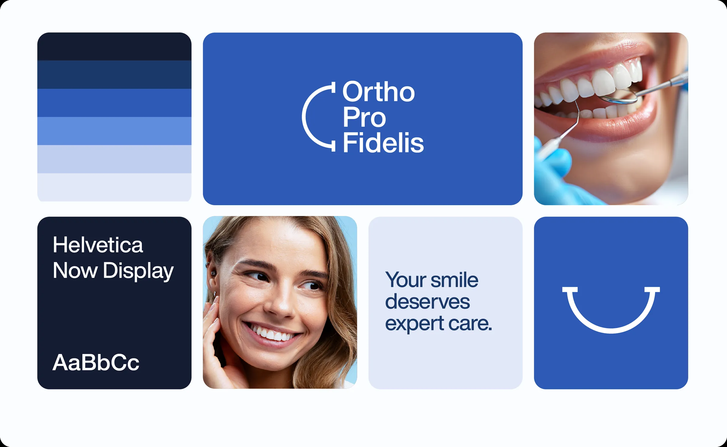 The Ortho Pro Fidelis brand board: blue palette, logo, Helvetica Now Display and patient photography