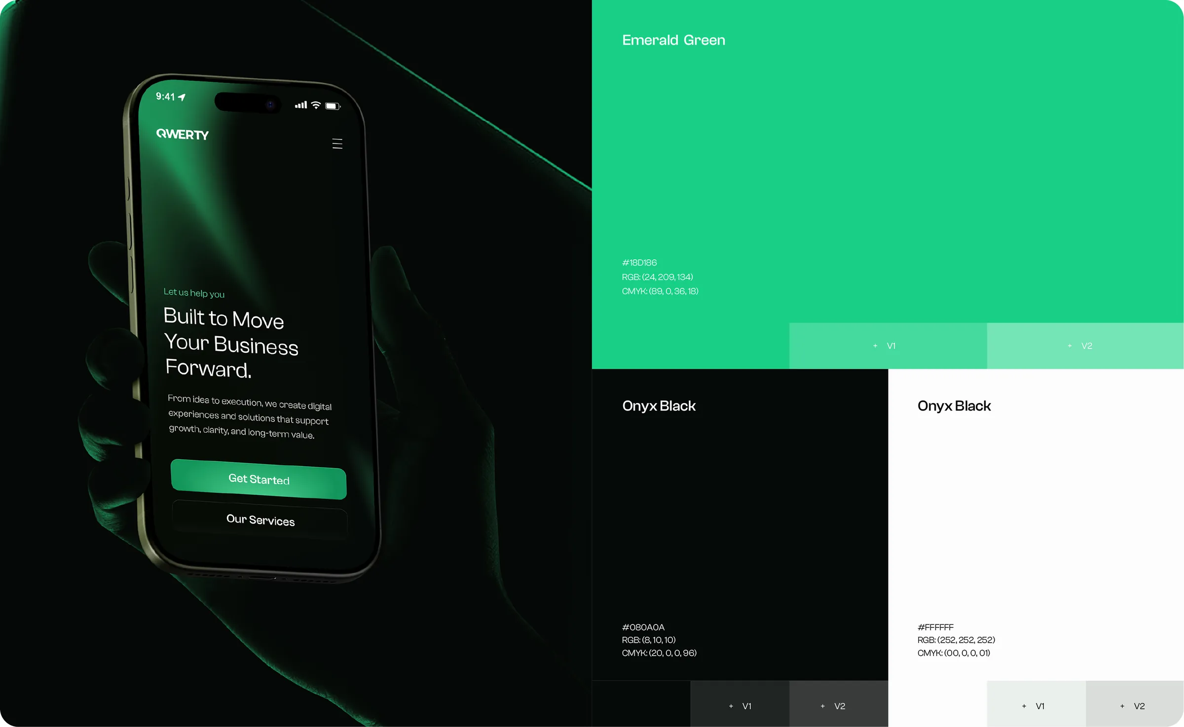A hand holding the QWERTY mobile site, beside the palette of emerald green, onyx black and white