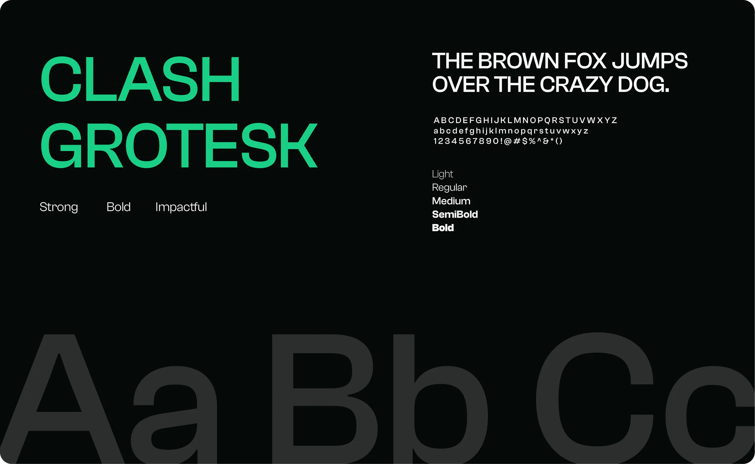 The Clash Grotesk type specimen, showing its weights and full character set