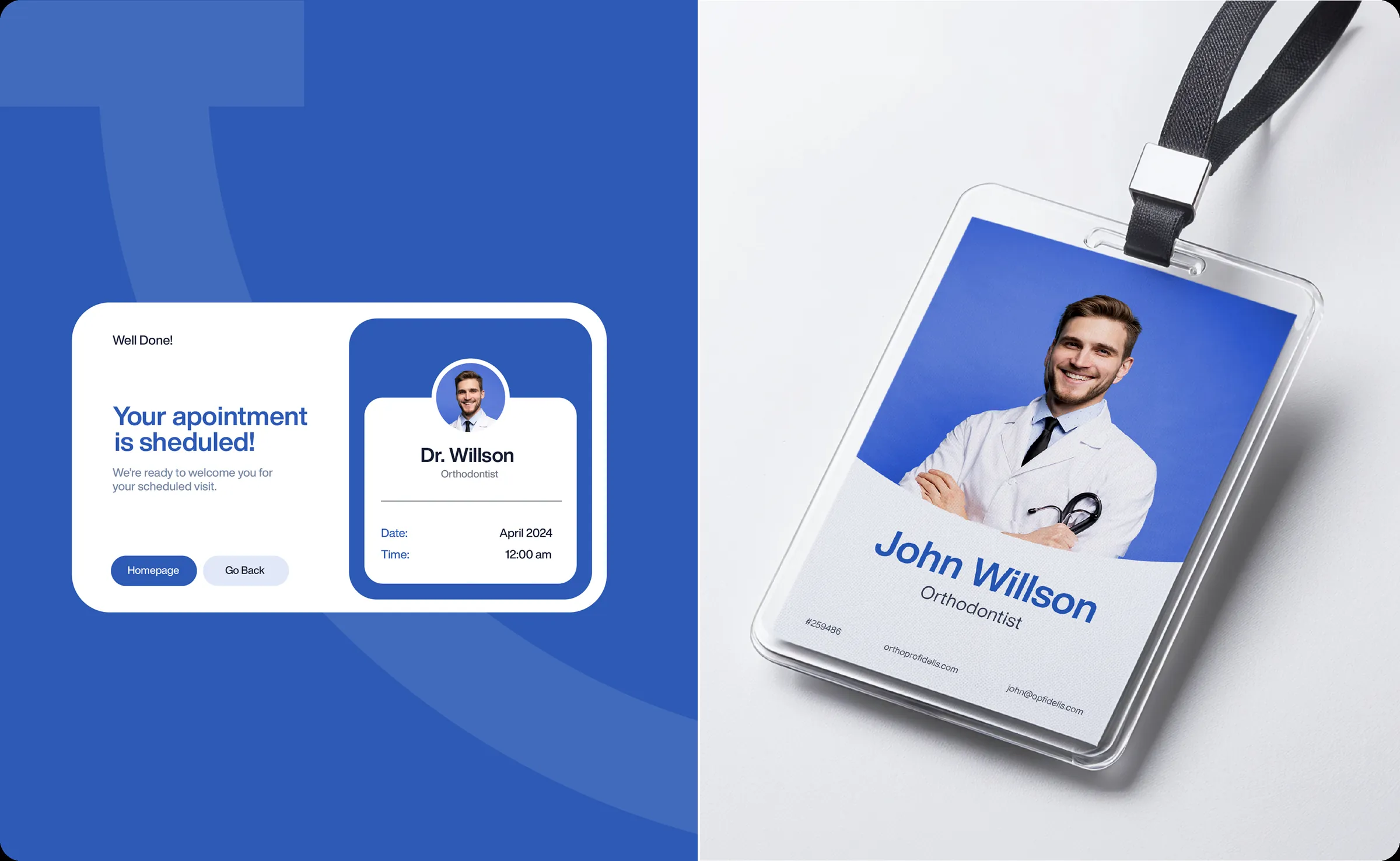 An appointment-confirmed screen, beside a staff lanyard badge for the practice