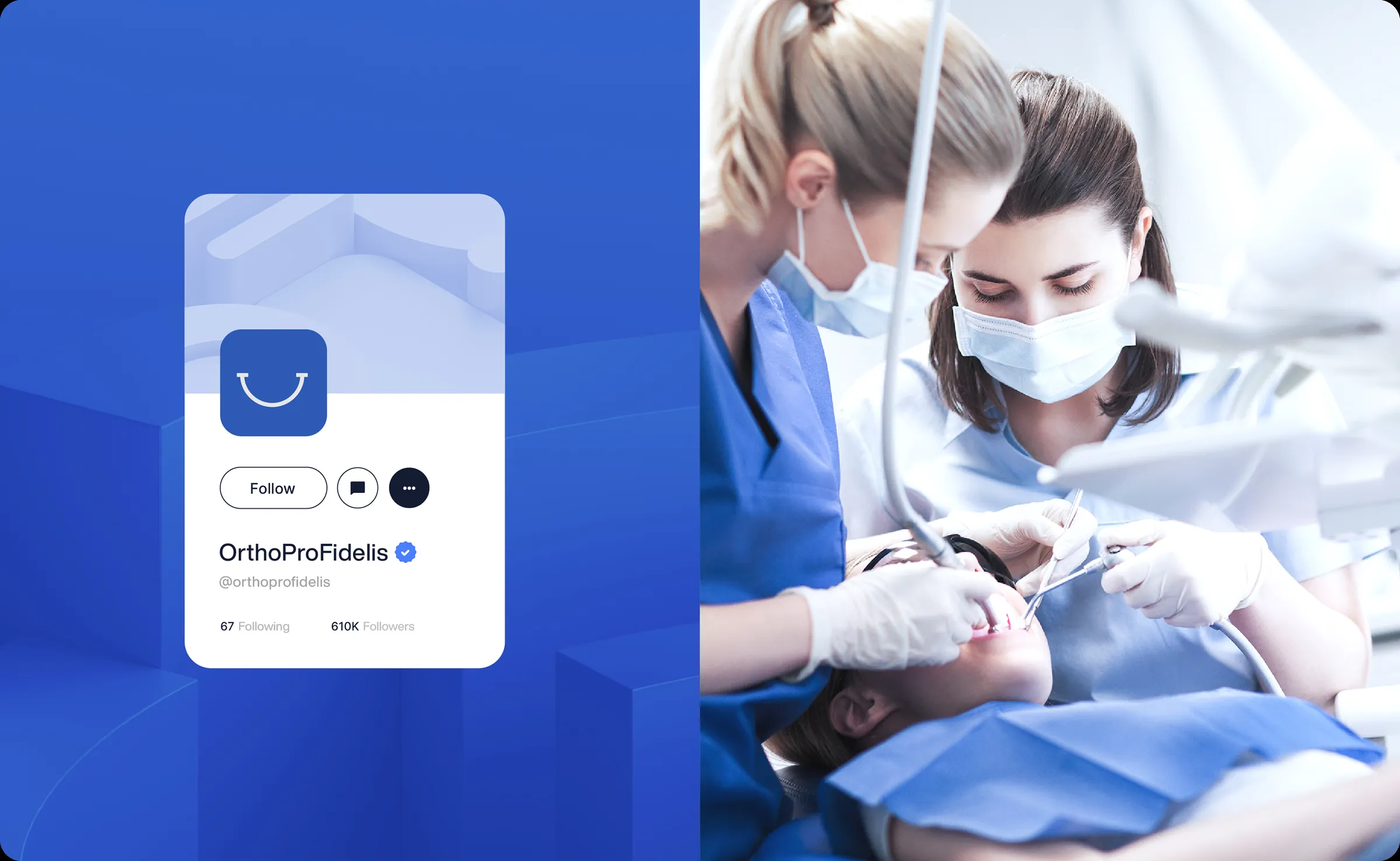 The practice’s social profile, beside two clinicians treating a patient