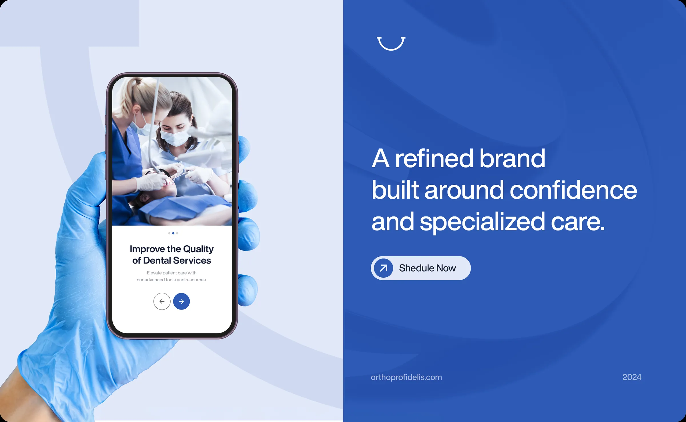 The practice’s mobile site held in a gloved hand, beside a line about a brand built around confidence and specialised care