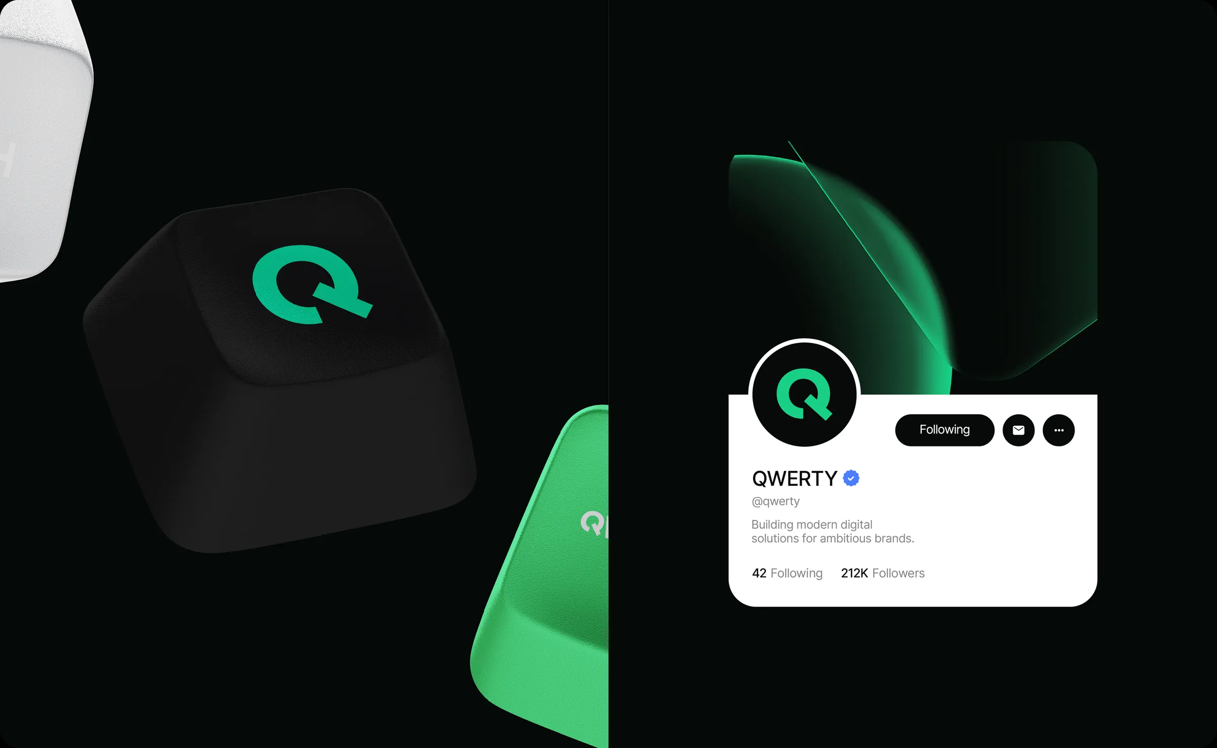 The QWERTY mark moulded into a keycap, beside the brand’s social profile header