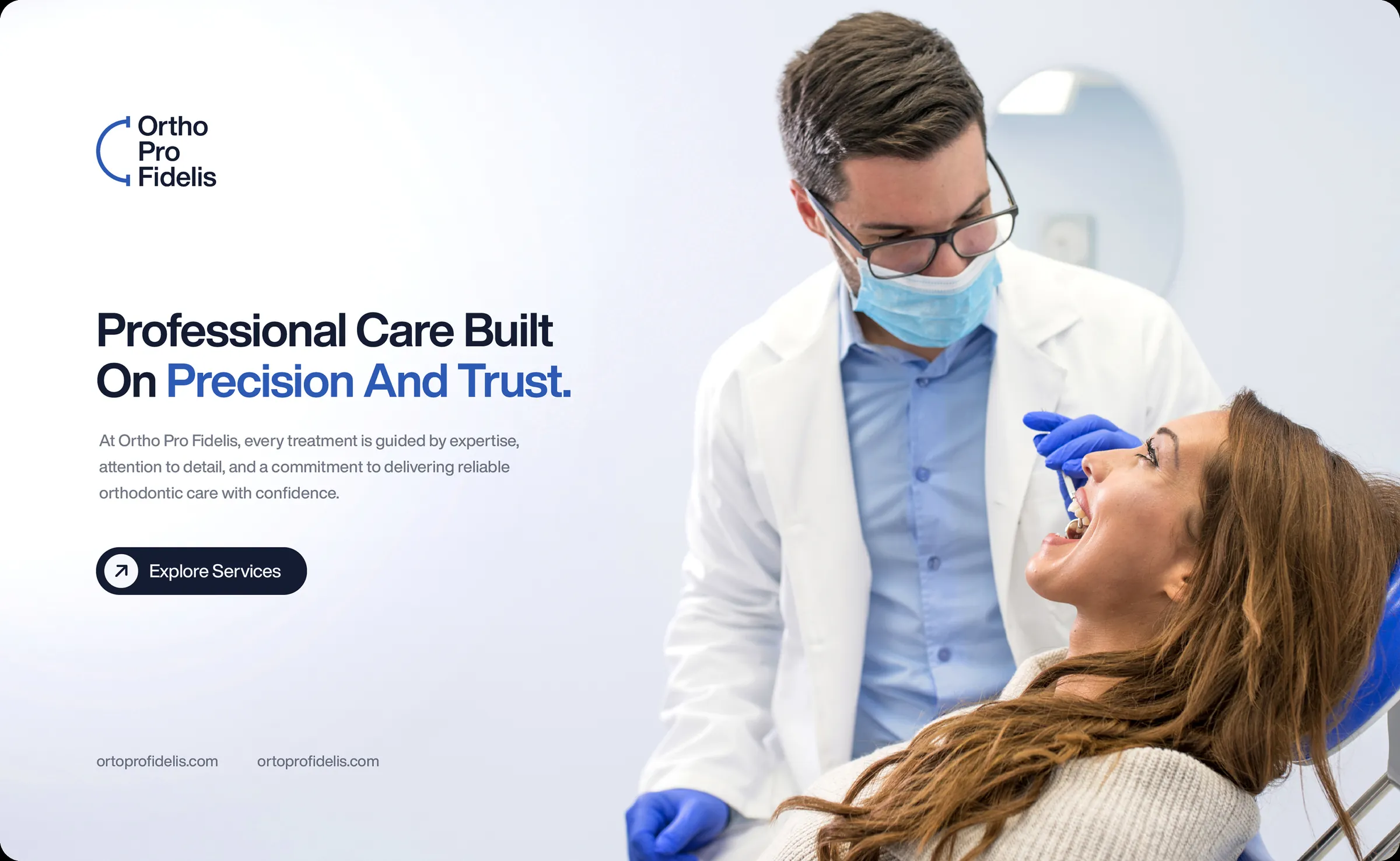 A web banner reading “Professional Care Built On Precision And Trust”, with an orthodontist fitting braces