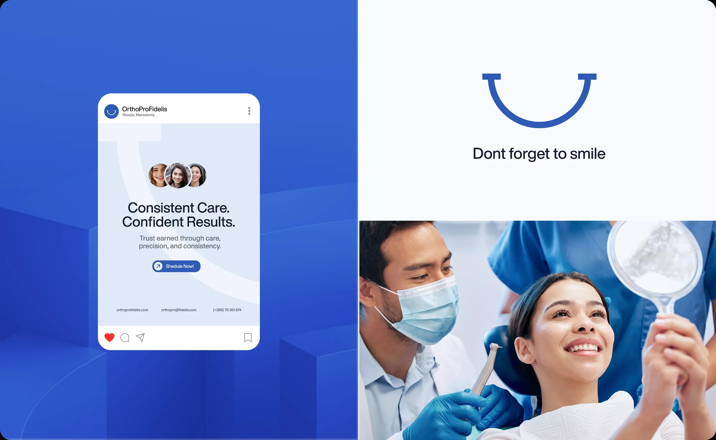 An Ortho Pro Fidelis social post, beside a patient checking her smile in a hand mirror