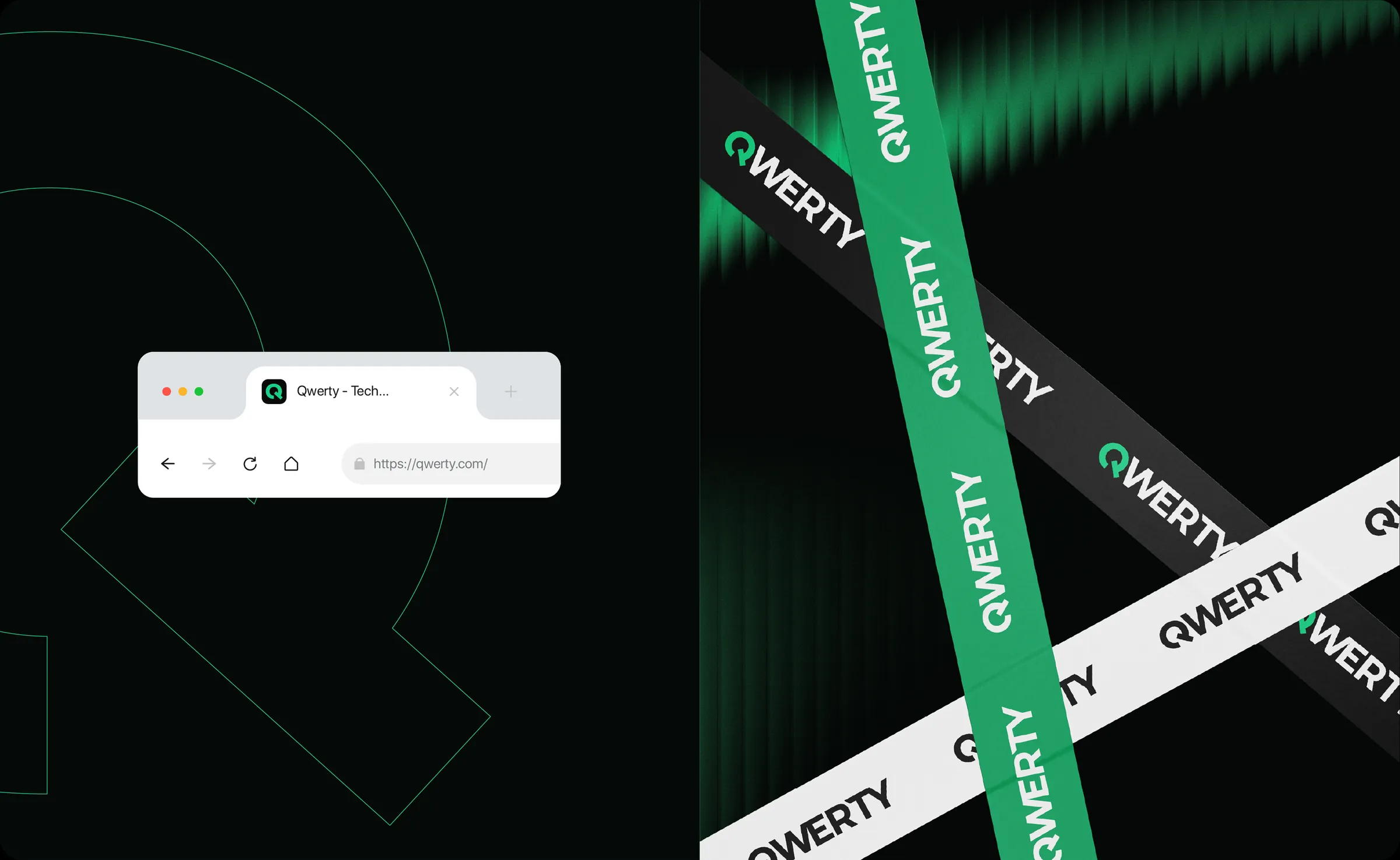 The QWERTY site in a browser window, beside branded lanyards in green, black and white