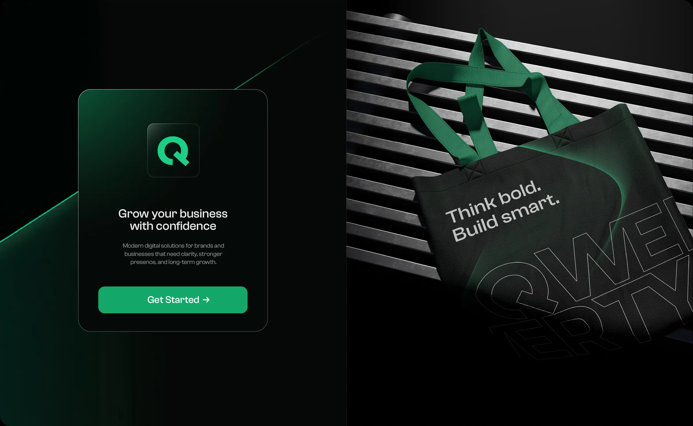 A QWERTY sign-up card, beside a tote bag printed “Think bold. Build smart.”